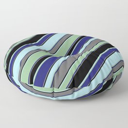 [ Thumbnail: Powder Blue, Dark Sea Green, Midnight Blue, Dim Gray, and Black Colored Striped/Lined Pattern Floor Pillow ]