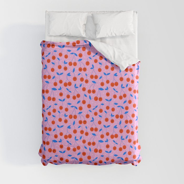 Cherries with Cute Faces Pattern Duvet Cover