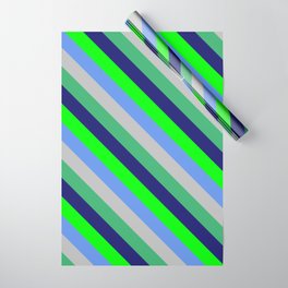 [ Thumbnail: Lime, Cornflower Blue, Grey, Sea Green, and Midnight Blue Colored Stripes Pattern Wrapping Paper ]