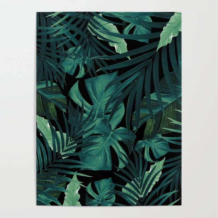 Tropical Jungle Night Leaves Pattern #1 #tropical #decor #art #society6 Poster