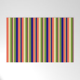[ Thumbnail: Pale Goldenrod, Green, Dark Blue & Red Colored Stripes/Lines Pattern Welcome Mat ]