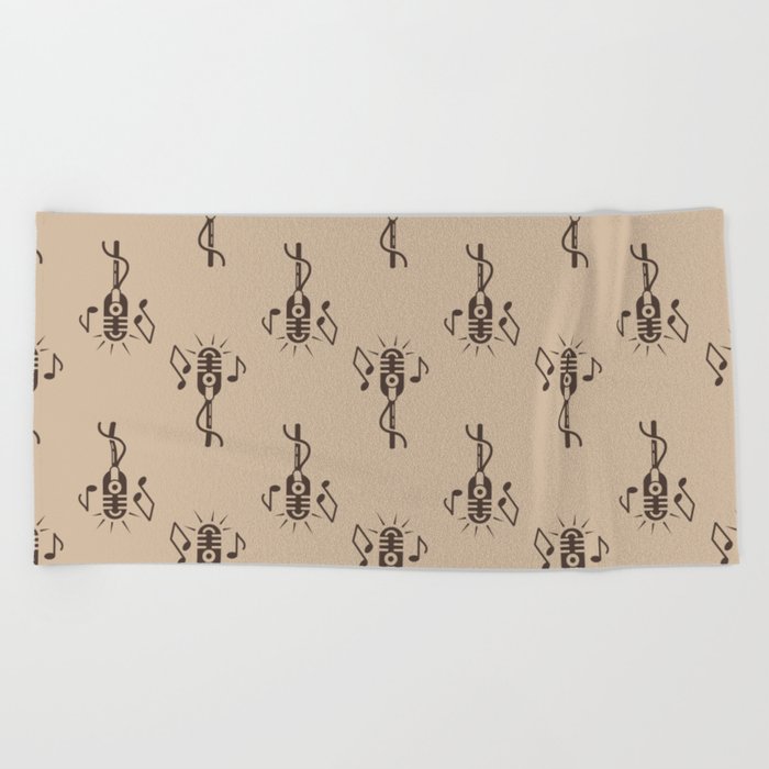 Black Retro Microphone Pattern on Café Late Beach Towel