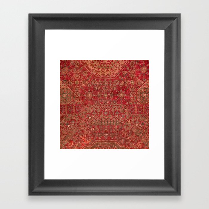 Bohemian Medallion II // 15th Century Old Distressed Red Green Colorful Ornate Accent Rug Pattern Framed Art Print