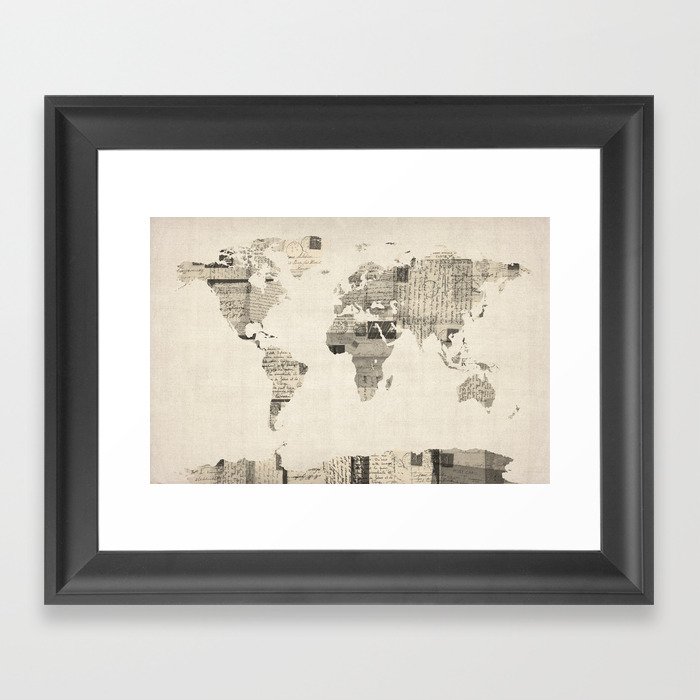 Map of the World Map from Old Postcards Framed Art Print
