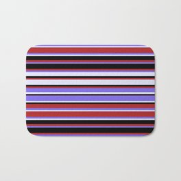 [ Thumbnail: Red, Medium Slate Blue, Lavender, and Black Colored Stripes/Lines Pattern Bath Mat ]