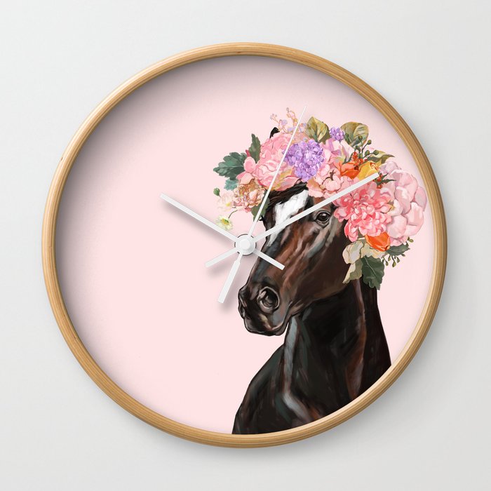 Horse with Flowers Crown in Pink Wall Clock
