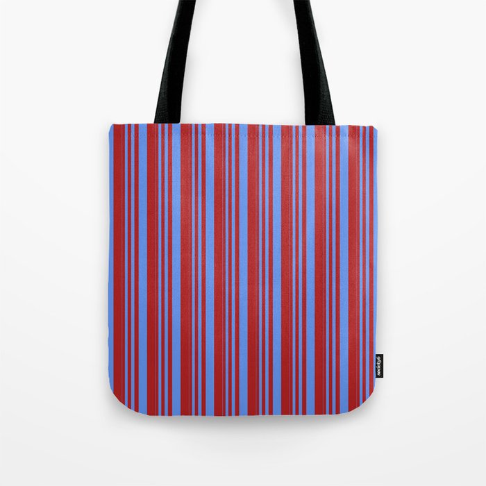 Cornflower Blue & Red Colored Lines/Stripes Pattern Tote Bag