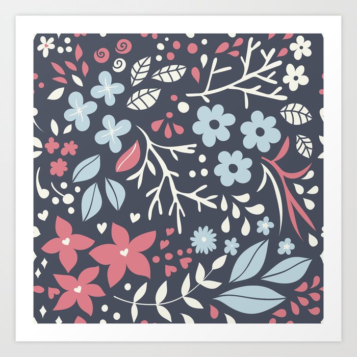 Floral pattern with doodles of flowers and leaves Art Print