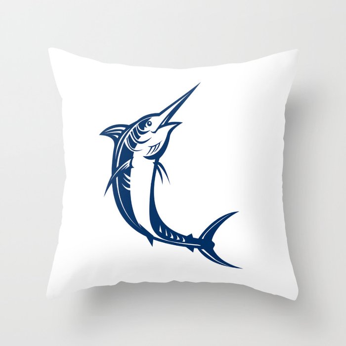Blue Marlin Jumping Retro Throw Pillow