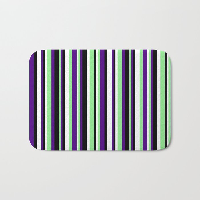 Indigo, Light Green, White & Black Colored Stripes/Lines Pattern Bath Mat