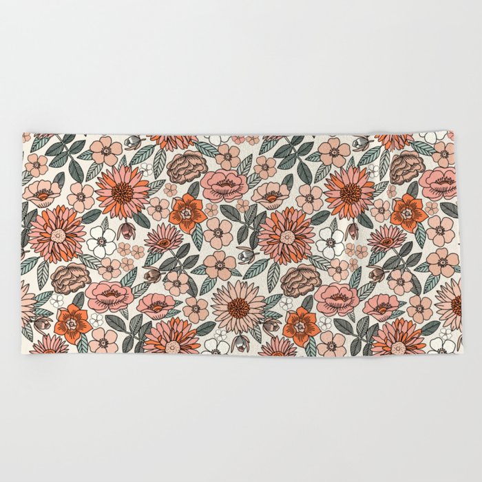 70s flowers - 70s, retro, spring, floral, florals, floral pattern, retro flowers, boho, hippie, earthy, muted Beach Towel