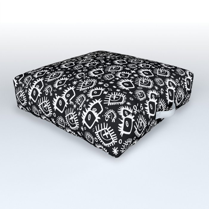 Black and White Trippy Doodle Eye Pattern Outdoor Floor Cushion