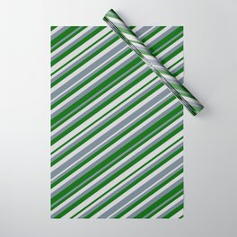 [ Thumbnail: Slate Gray, Dark Green & Light Gray Colored Striped/Lined Pattern Wrapping Paper ]