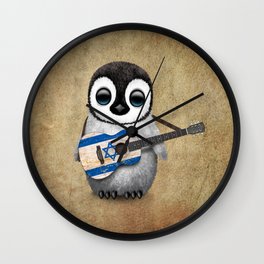 Baby Penguin Playing Israeli Flag Acoustic Guitar Wall Clock