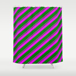 [ Thumbnail: Fuchsia & Green Colored Striped Pattern Shower Curtain ]