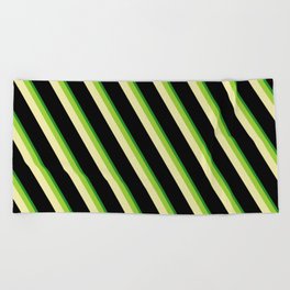 [ Thumbnail: Green, Pale Goldenrod, Black, and Forest Green Colored Pattern of Stripes Beach Towel ]