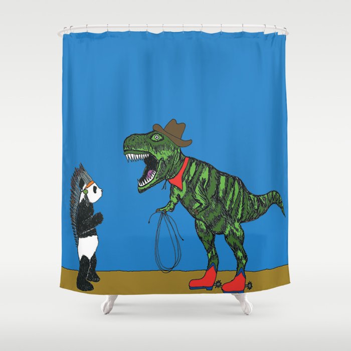 Dinosaur And Panda Play Cowboys Indians Shower Curtain By Dinosaur And Panda Play Cowboys Indians Shower Curtain