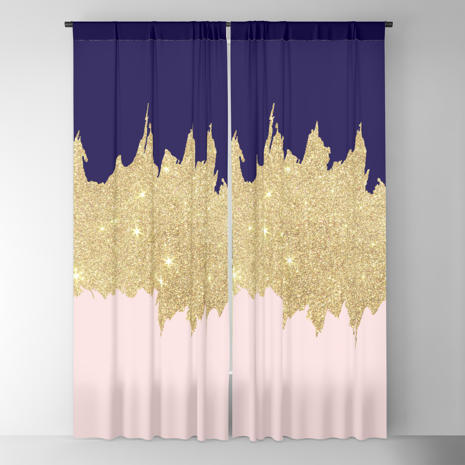 Modern navy blue blush pink gold glitter brushstrokes Blackout Curtain