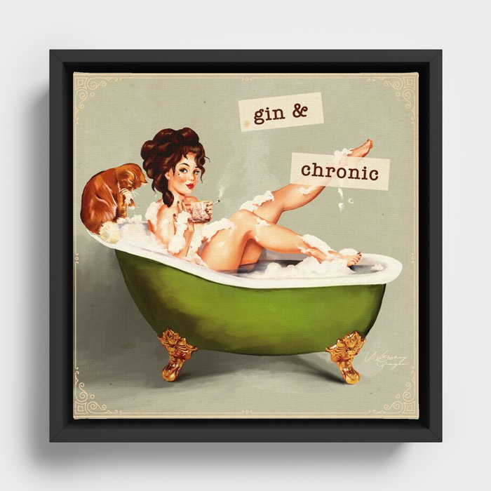 Gin & Chronic: Pin Up Girl & Cat Framed Canvas