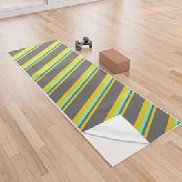 [ Thumbnail: Aquamarine, Yellow, and Dim Gray Colored Lined/Striped Pattern Yoga Towel ]