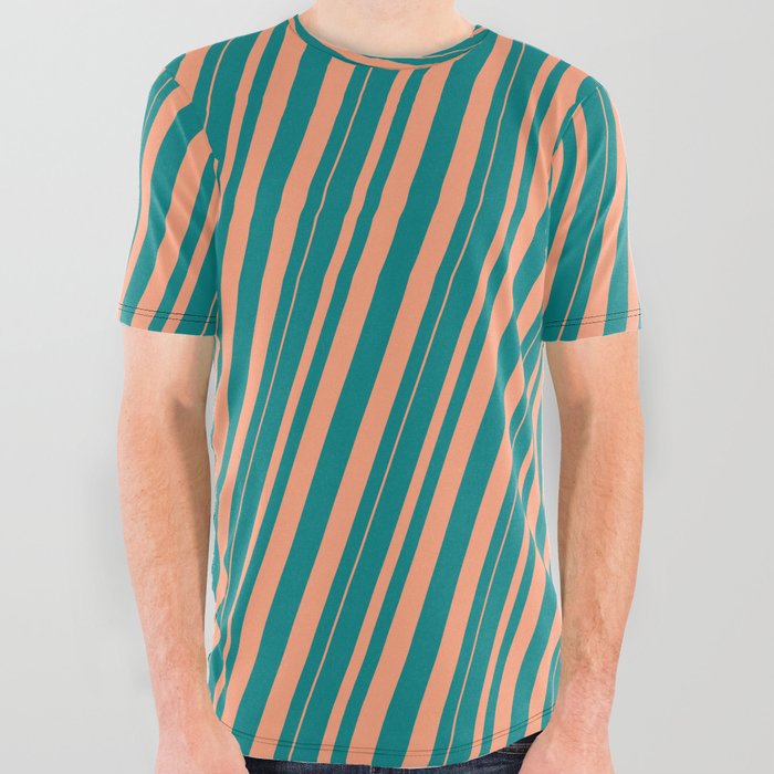 Teal and Light Salmon Colored Pattern of Stripes All Over Graphic Tee