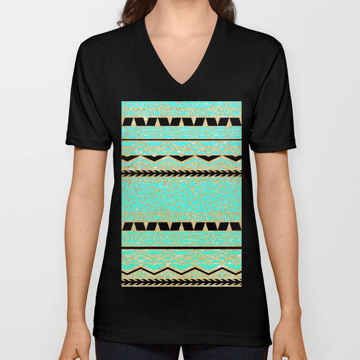 Modern gold turquoise teal ombre aztec pattern V Neck T Shirt