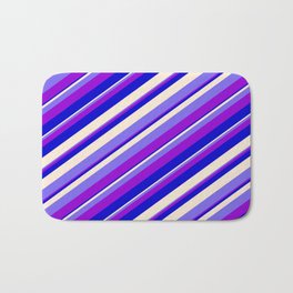 [ Thumbnail: Beige, Medium Slate Blue, Dark Violet & Blue Colored Stripes Pattern Bath Mat ]