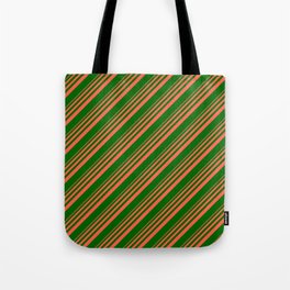 [ Thumbnail: Red and Dark Green Colored Stripes Pattern Tote Bag ]