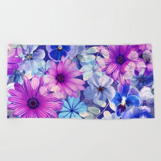 Dark pink and blue floral pattern Beach Towel