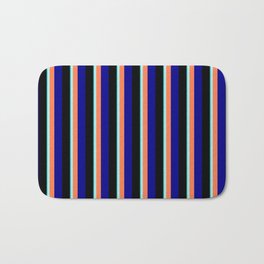 [ Thumbnail: Eye-catching Dark Cyan, Turquoise, Coral, Dark Blue, and Black Colored Striped Pattern Bath Mat ]