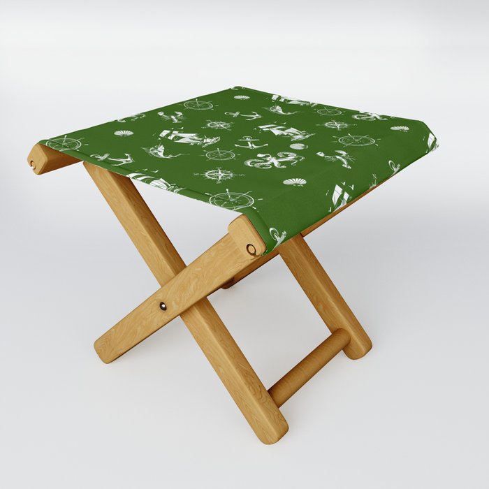 Green And White Silhouettes Of Vintage Nautical Pattern Folding Stool