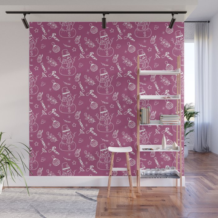 Magenta and White Christmas Snowman Doodle Pattern Wall Mural