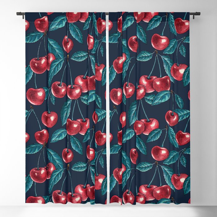 Red cherries on dark blue Blackout Curtain