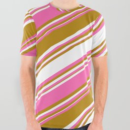[ Thumbnail: Dark Goldenrod, White, and Hot Pink Colored Stripes/Lines Pattern All Over Graphic Tee ]