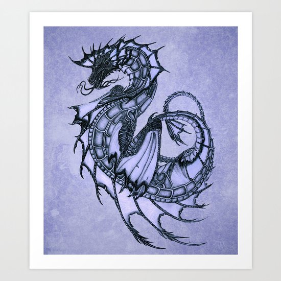 "Tsunami" by Amber Marine ~ Sea Dragon (Amethyst Version) ~ Graphite/Charcoal Illustration, (c) 2005 Art Print