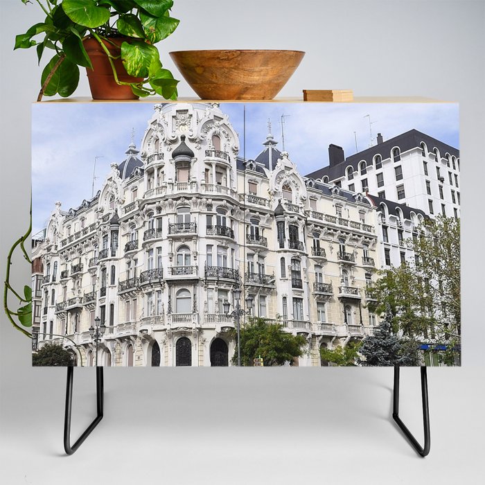 Spain Photography - White Beautiful  Building In Down Town Madrid Credenza