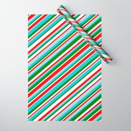 [ Thumbnail: Vibrant Red, Light Blue, Dark Turquoise, Green & White Colored Striped Pattern Wrapping Paper ]