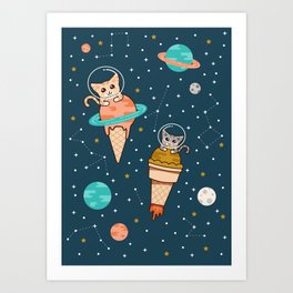 Cats Floating on Ice Cream in Space Art Print
