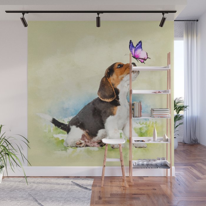 Beagle puppy with butterfly Wall Mural