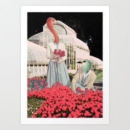 Women-birds Art Print | Night, Magical, Greenhouse, Nature, Collage, Space, Red, Garden, Surreal, Hummingbird 