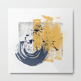 108-9R, Mustard yellow, Navy blue & Light Grey, Watercolor Brush Strokes, Trendy   home decor, Metal Print