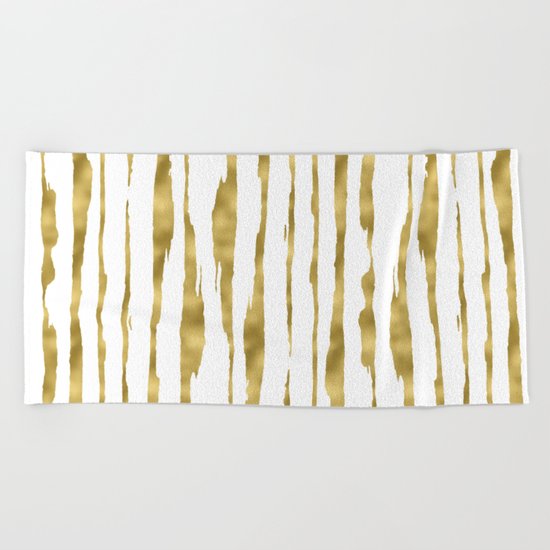 Small uneven hand painted gold stripes on clear white - vertical pattern Beach Towel
