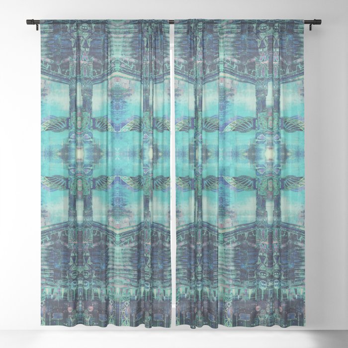 Totem Cabin Abstract - Teal Sheer Curtain