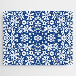 Navy Blue Folk Art Flowers Retro Modern Pattern Jigsaw Puzzle