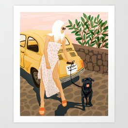Tour, Pet Dog Walk, Italy Summer Fashion Woman, Animal Illustration, Travel Bohemian Cooper Painting Art Print