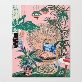 Ginger Cat in Peacock Chair with Indoor Jungle of House Plants Interior Painting Canvas Print