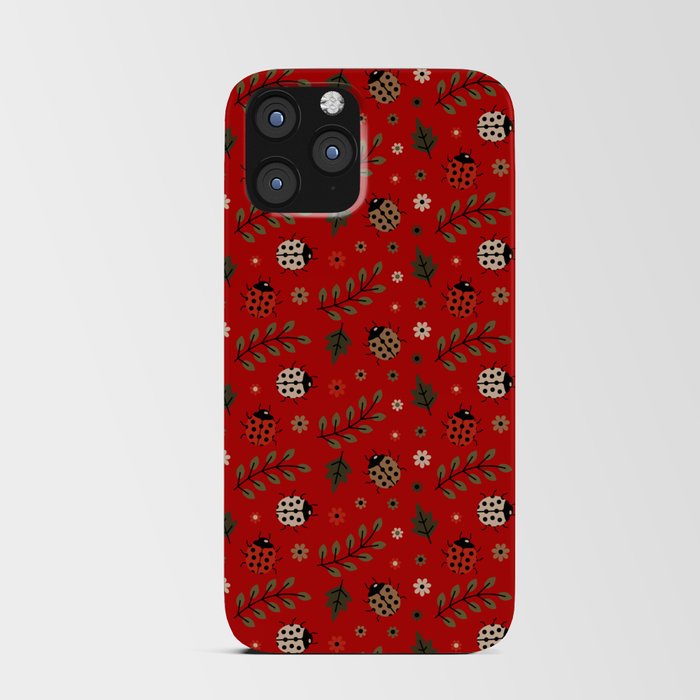 Ladybug and Floral Seamless Pattern on Red Background iPhone Card Case