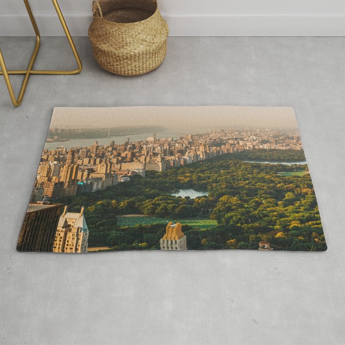 New York City Manhattan skyline and Central Park aerial view at sunset Rug