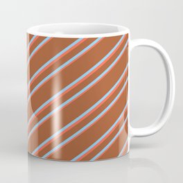[ Thumbnail: Sienna, Light Sky Blue, and Red Colored Lined Pattern Coffee Mug ]