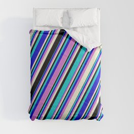 [ Thumbnail: Eye-catching Dark Turquoise, Blue, Orchid, Beige, and Black Colored Stripes Pattern Comforter ]